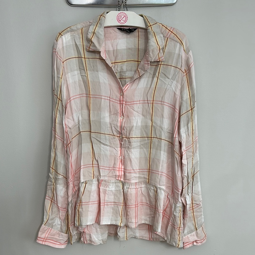 Express Plaid Button-Up Peplum Top